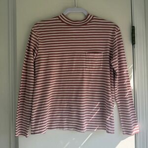 Garnet Hill Organic Pima Cotton Striped Mock Neck Pocket Tee Rust White XS